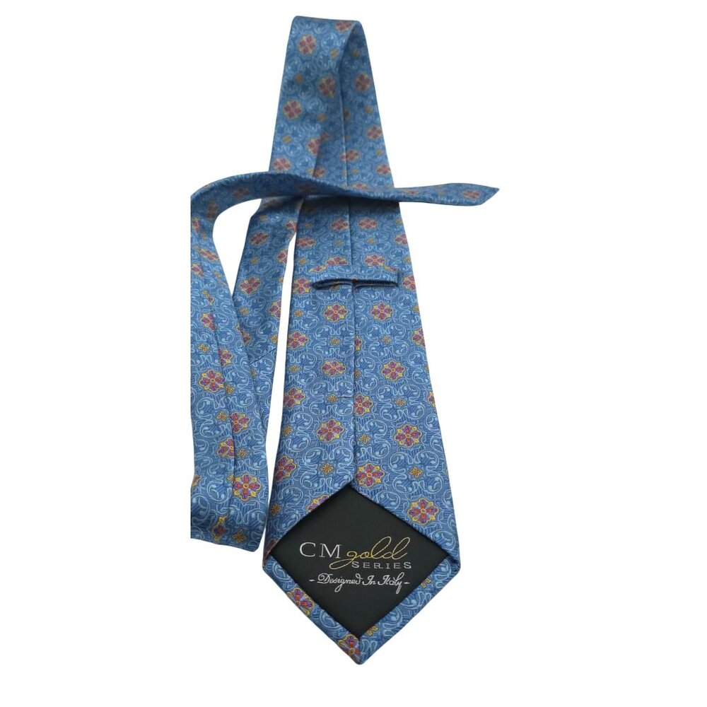 CM Gold Series Blue Floral Pattern Silk Tie Designed In Italy - Picture 2 of 6